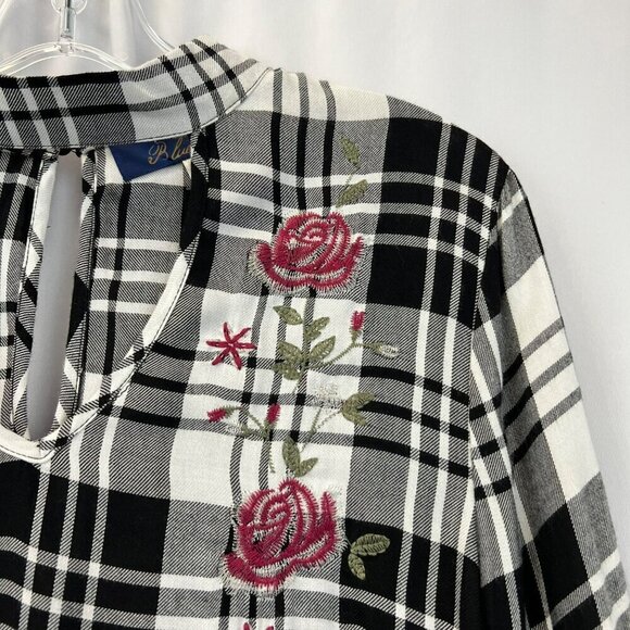 Blue Rain Women’s Choker Neck Ruffle Cuff Top Plaid/Embroidered Floral Small - Picture 3 of 9